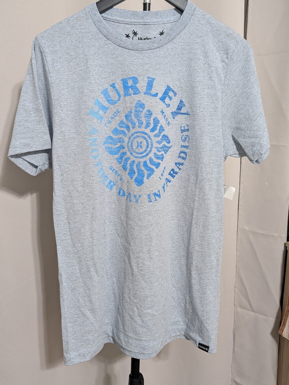 Hurley Light Blue Short Sleeve Tee with Blue Sun Graphic